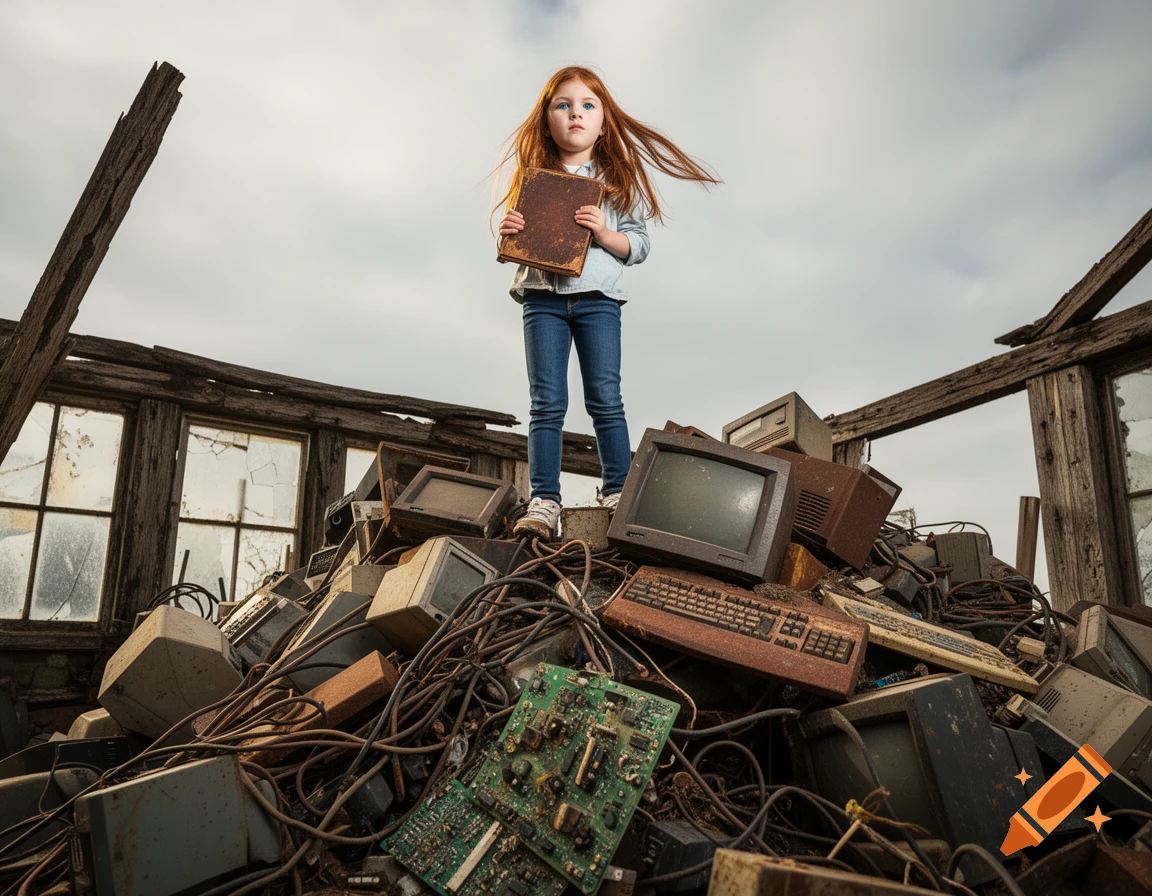Red-haired girl holding a book stands atop a large pile of old, rusty computers and electronic waste, with broken wooden structures in the background under a cloudy sky.
