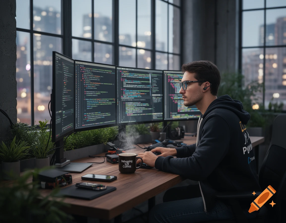 A man in glasses and a hoodie works on three computer monitors displaying code in a modern office with city views.