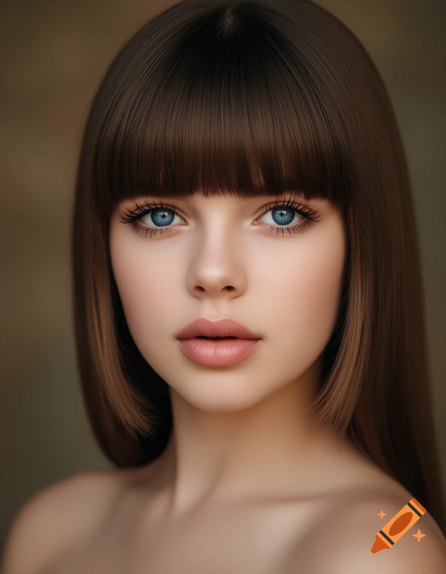 Close-up portrait of a young woman with straight brown bangs, blue eyes, long lashes, and full lips.