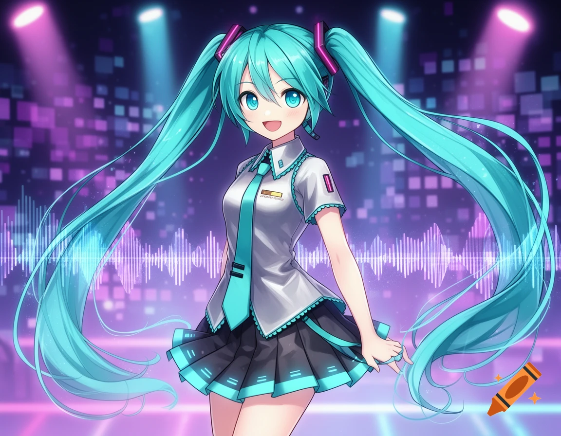 Hatsune Miku with long teal pigtails, wearing her signature outfit, smiling on a stage with purple lights and sound waves in anime style.