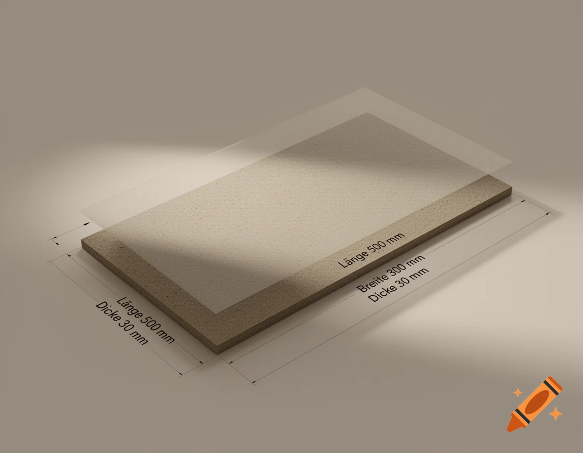 3D infographic of a rectangular vermiculite plate with a translucent layer, showing length 500mm, width 300mm, thickness 30mm.