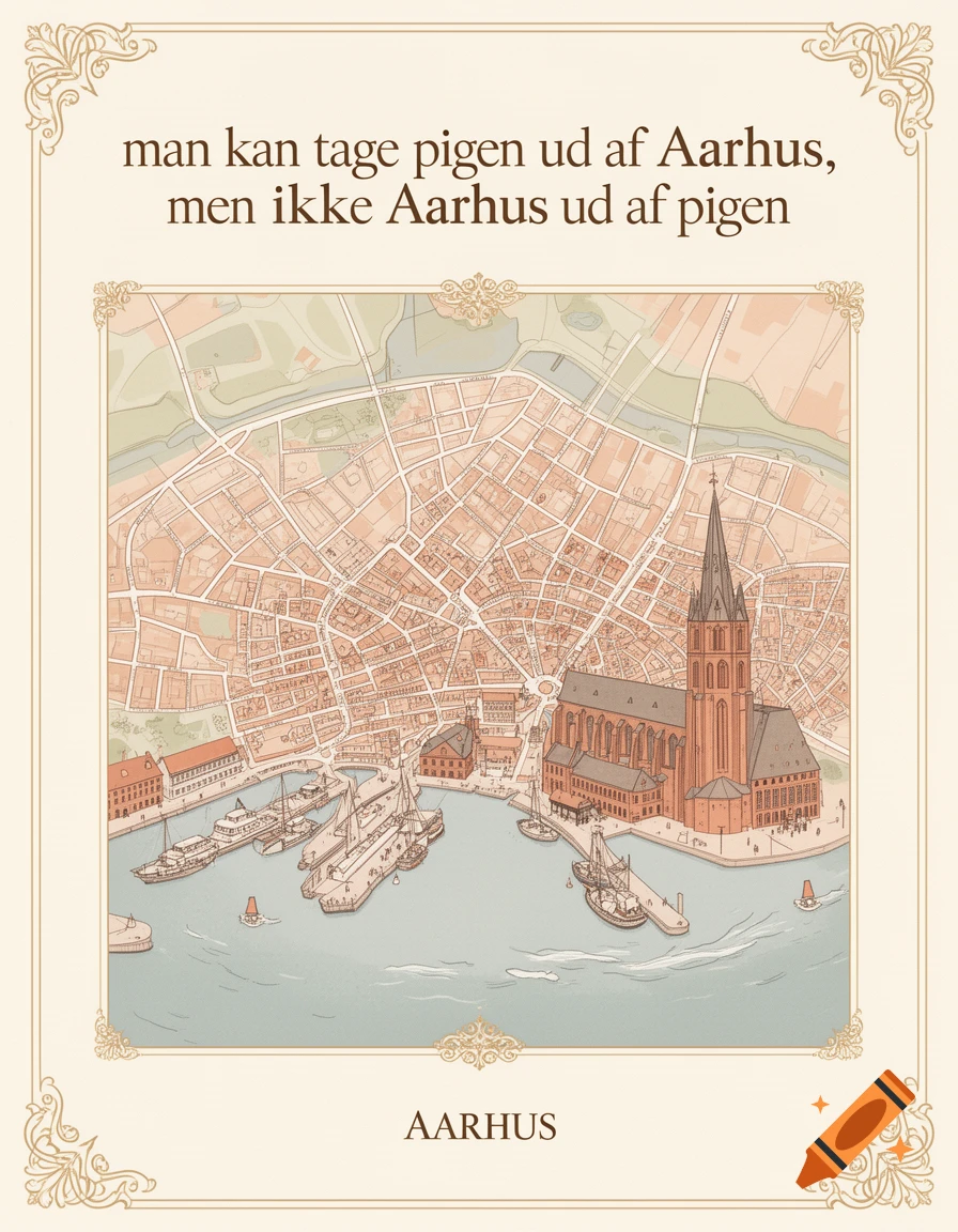 Stylized hand-drawn map poster of Aarhus, Denmark, showing city streets, harbor, cathedral, and Danish text.