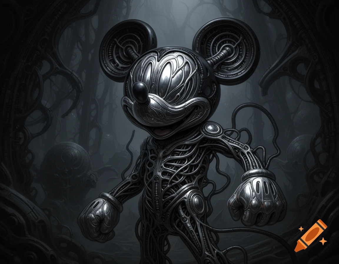 A silver, biomechanical Mickey Mouse figure with intricate wiring and tubing stands in a dark, organic, H.R. Giger-inspired landscape.