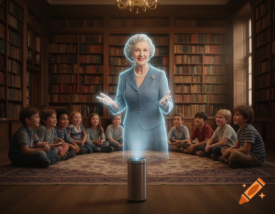 A holographic woman in a blue suit tells stories to children sitting on a rug in a grand library, projected by a device.