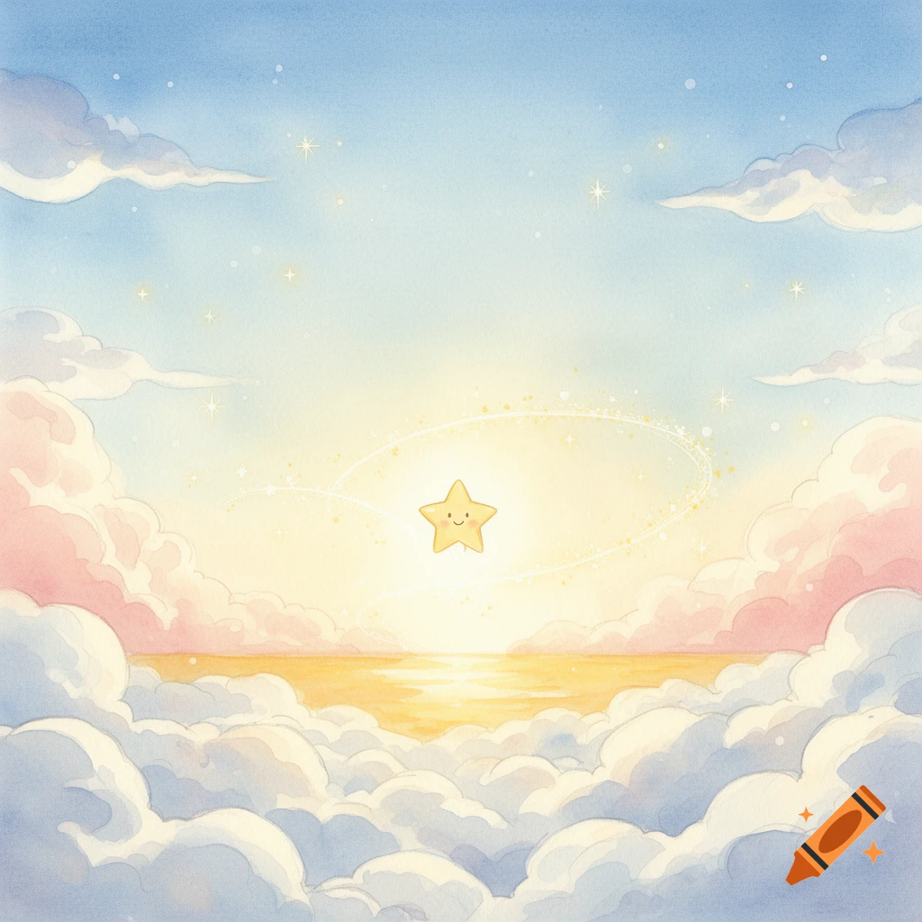 A cute smiling yellow star floats above pastel clouds and a glowing golden horizon in a watercolor illustration.