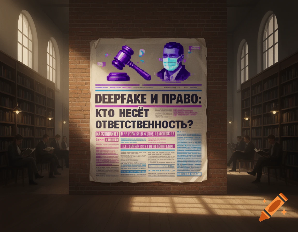 A large poster about deepfakes and law hangs on a brick wall in a library, with people reading in the background.