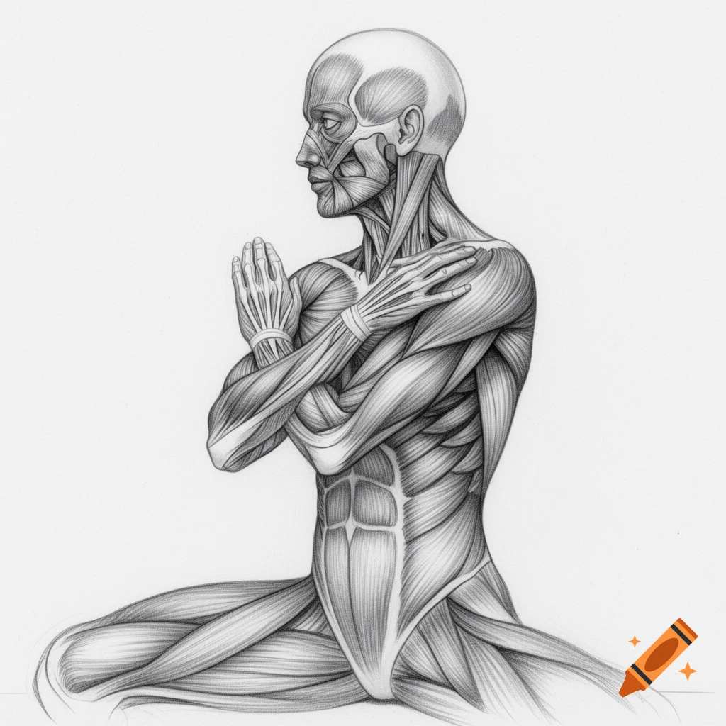 A detailed pencil drawing of the human muscular system in a seated pose with hands pressed together.