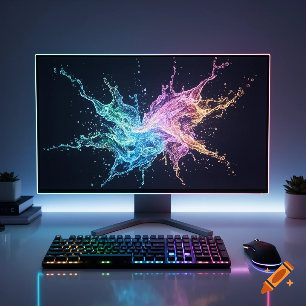 A glowing computer setup with a monitor displaying colorful liquid splash art, an RGB keyboard, and a mouse on a desk.