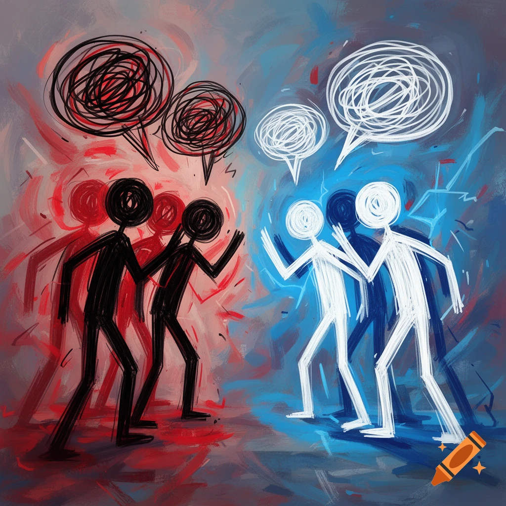 Abstract painting of black and white stick figures arguing, separated by red and blue backgrounds with scribbled speech bubbles.