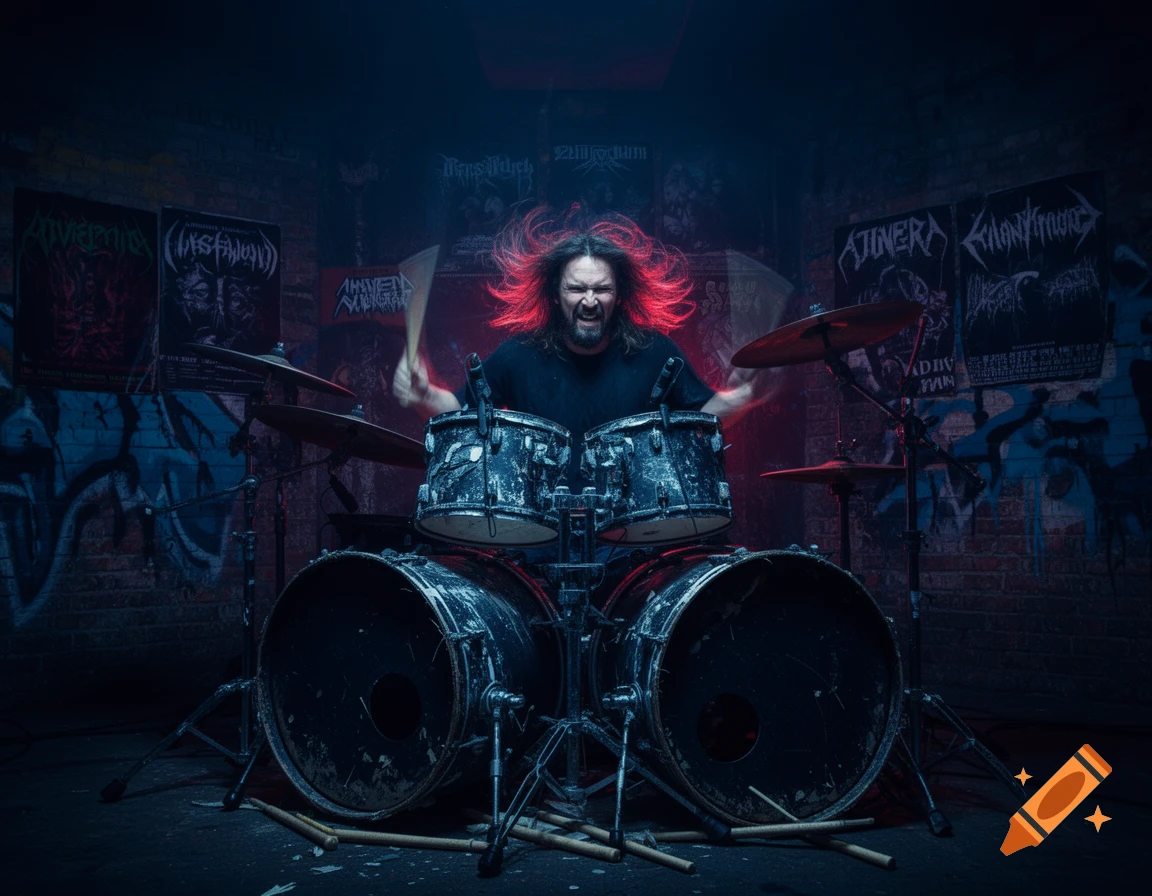 An intense drummer with red hair plays a black drum kit in a dimly lit, graffiti-covered room with band posters.