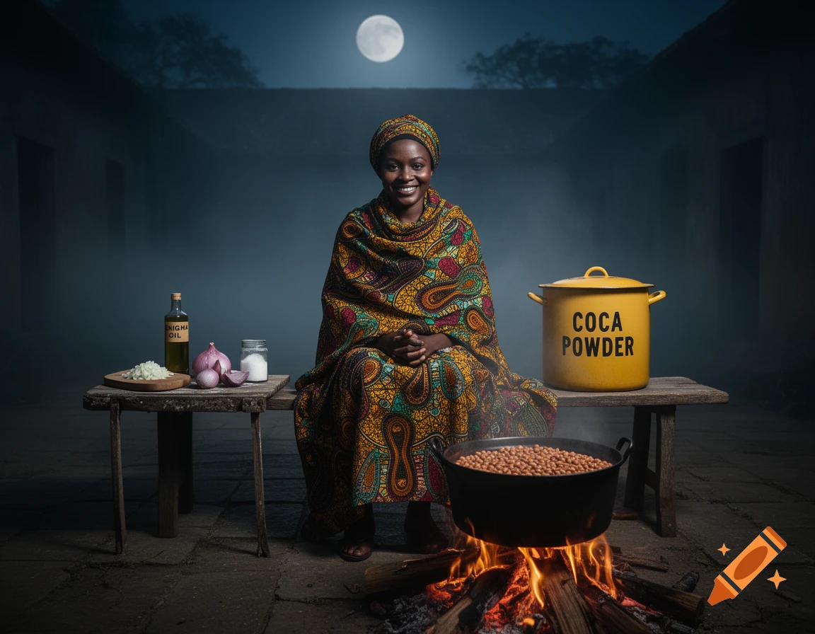 A smiling Black woman in colorful African fabric sits by a fire cooking beans under a full moon. Ingredients like onions and a pot labeled "COCA POWDER" are on a nearby table.