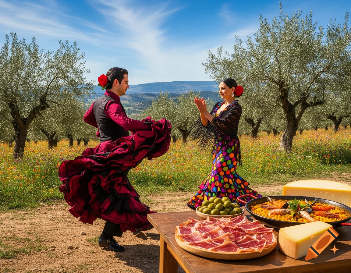 Two flamenco dancers in traditional attire perform in a sunny olive grove with a table spread of Spanish food.
