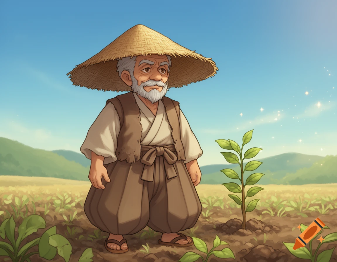 An old man with a white beard and a straw conical hat, dressed in traditional brown clothes, stands in a field next to a small green plant in an anime style.