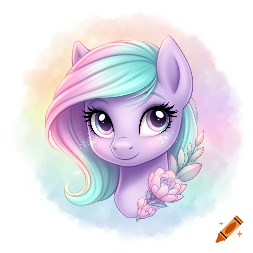 Close-up of a cute purple pony with a pastel rainbow mane and sparkling eyes, adorned with pink flowers, against a watercolor background.