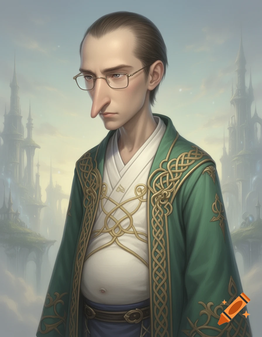 Stylized man with a long nose, glasses, and a pot belly, wearing an ornate green and white robe, against a fantasy castle backdrop.