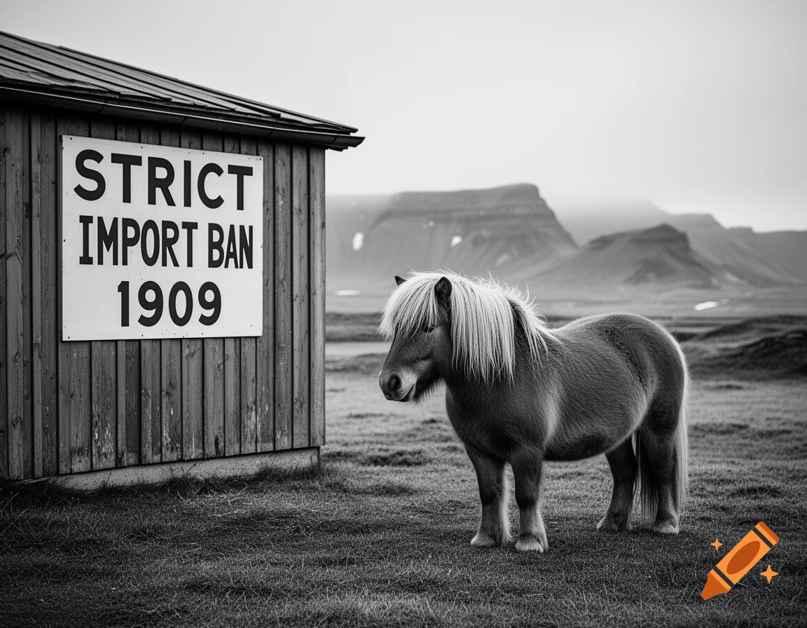 A black and white image of an Icelandic horse standing next to a wooden shed with a 'STRICT IMPORT BAN 1909' sign, in a rugged landscape.