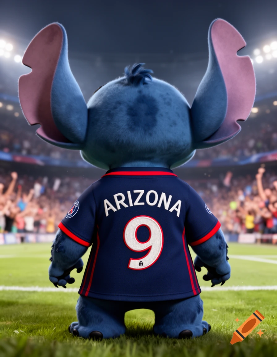 Stitch from behind, wearing a navy PSG soccer jersey with 'ARIZONA' and number '9' on the back, standing on a stadium grass field.