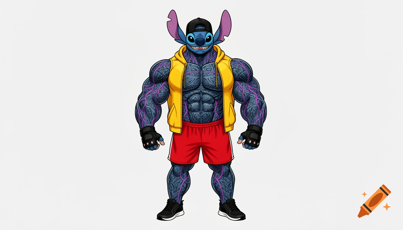 Muscular Stitch from Lilo & Stitch, with purple veins and Polynesian tattoos, wearing a yellow sleeveless hoodie, red shorts, and a black baseball cap, standing on a white background.