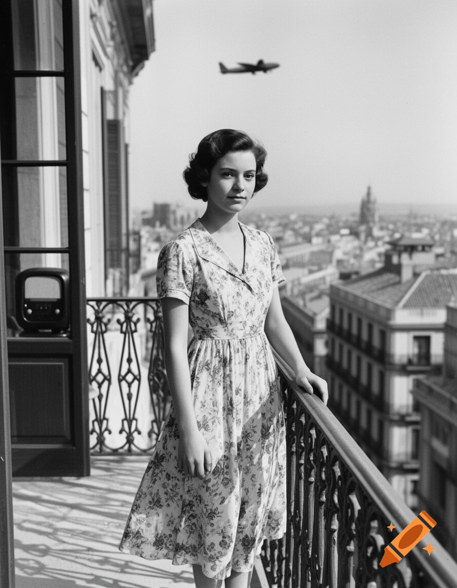 A young woman in a floral dress stands on a balcony overlooking a city, with an airplane in the sky, in black and white.