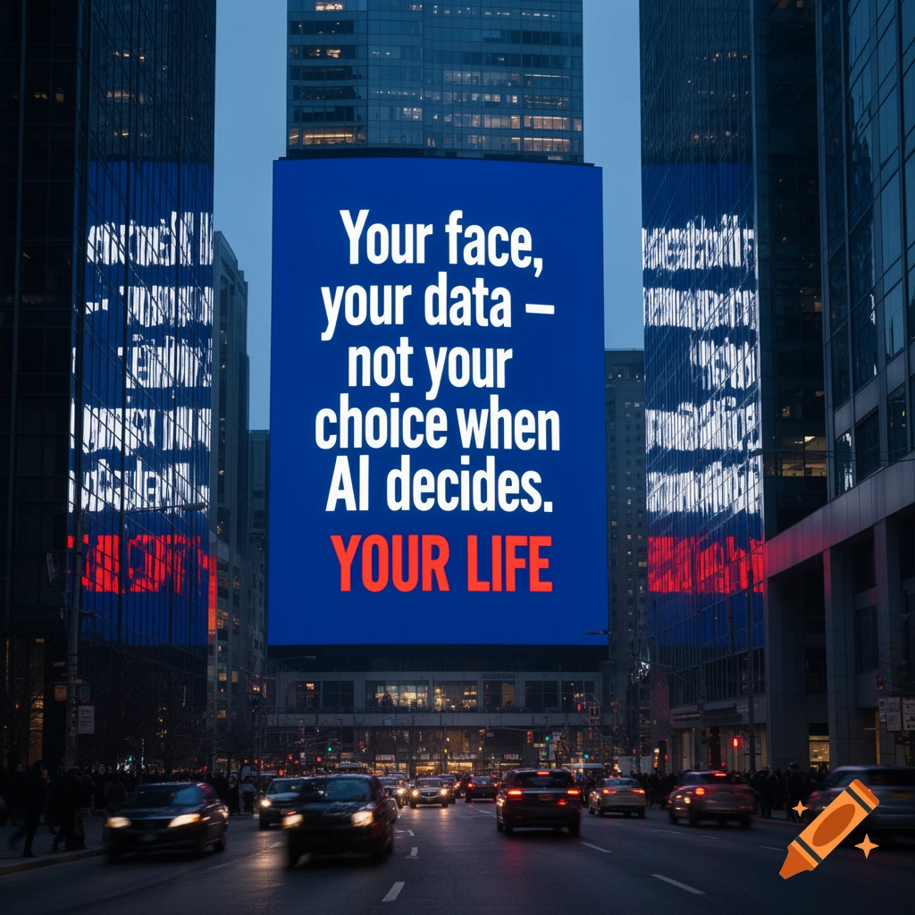 A nighttime cityscape with busy traffic and skyscrapers. A large central billboard displays text about AI and data privacy.
