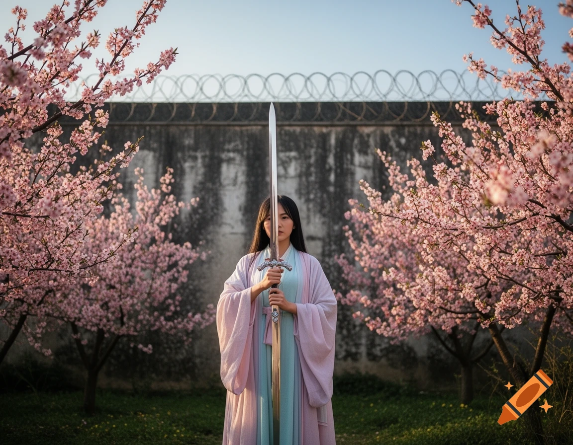 A woman in traditional attire holds a sword, standing between blooming cherry blossom trees and a barbed-wire wall.