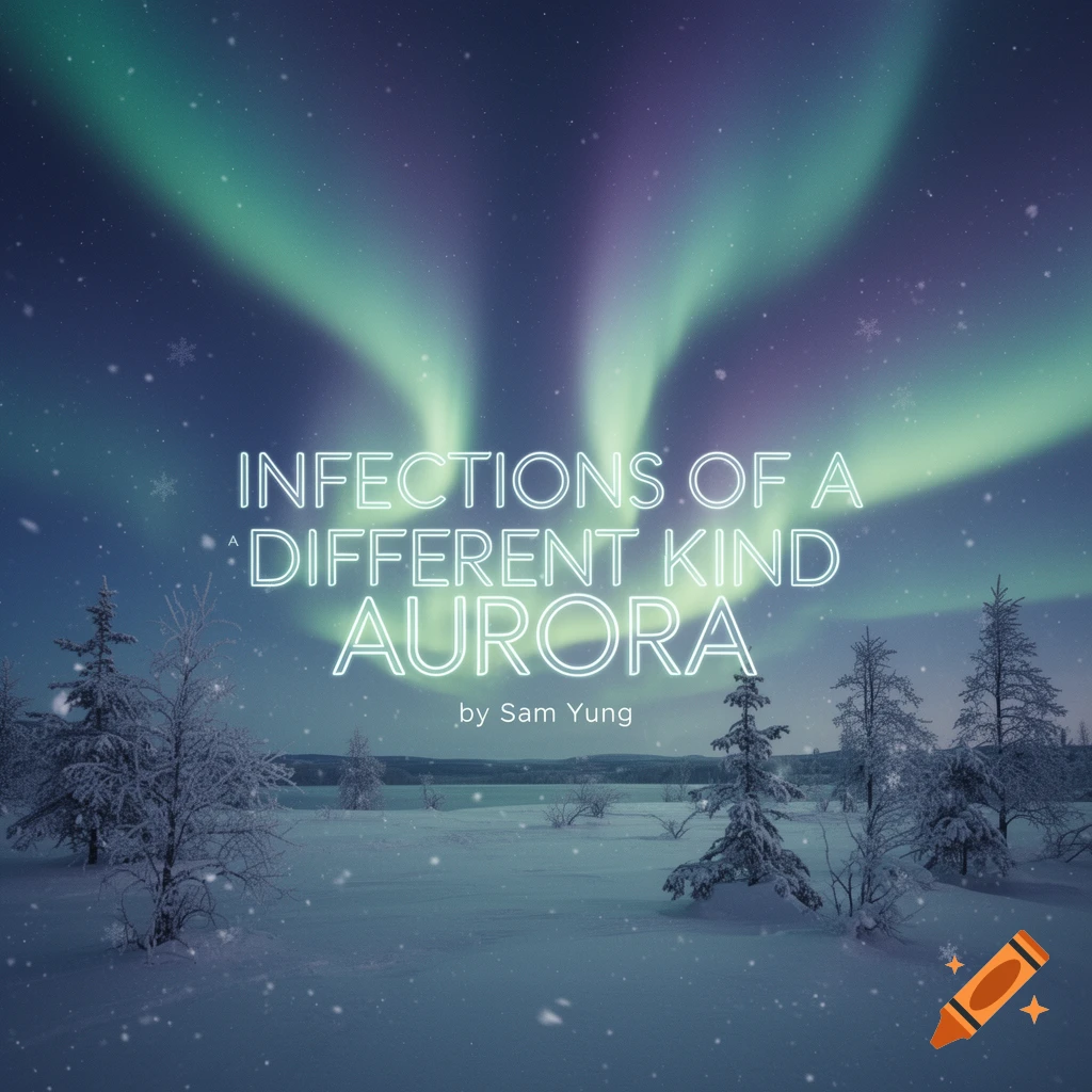 Winter landscape with glowing green and purple Northern Lights. Text 'Infections of a Different Kind AURORA by Sam Yung' centered on the image.