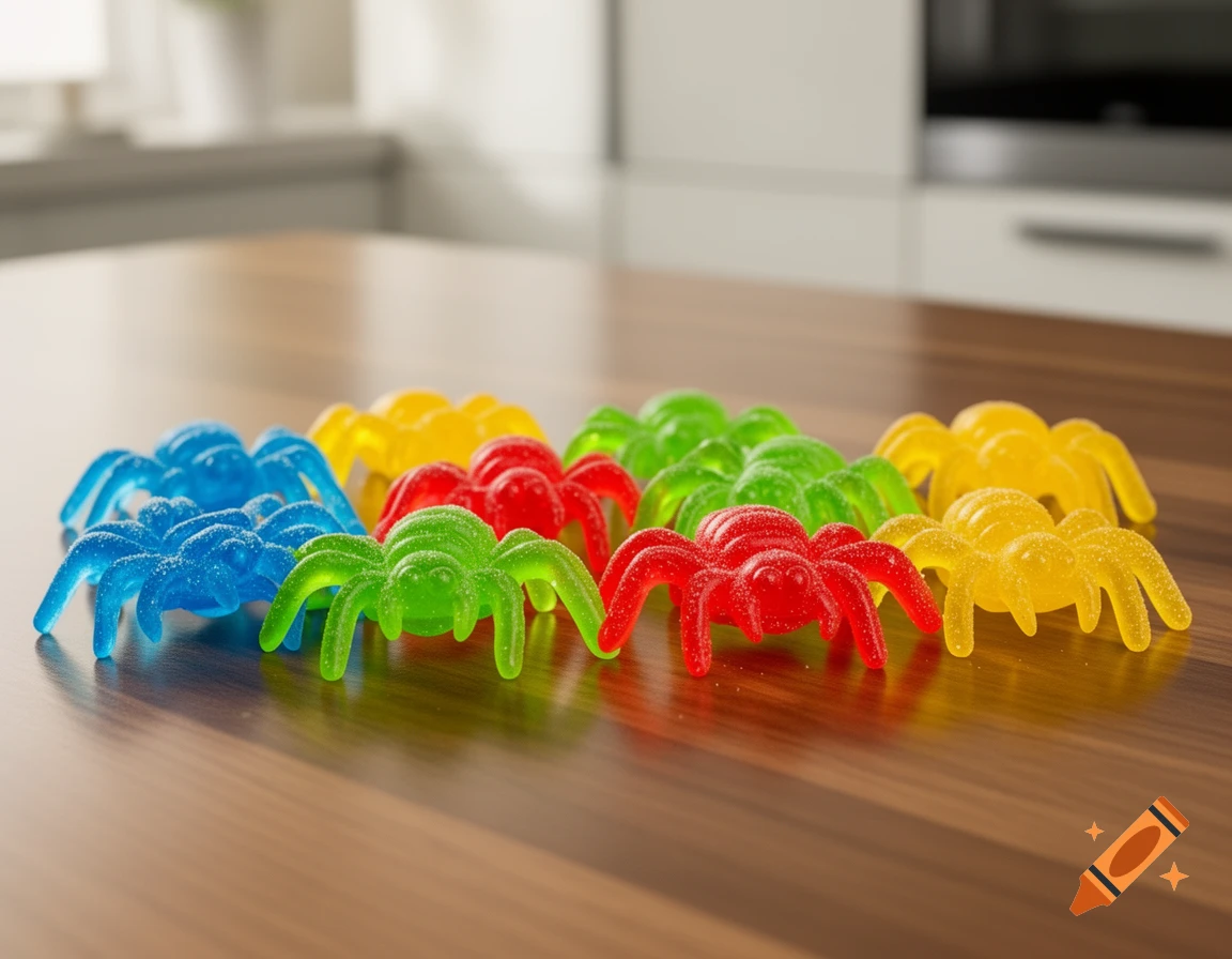Photorealistic image of blue, green, red, and yellow gummy spiders on a wooden table.