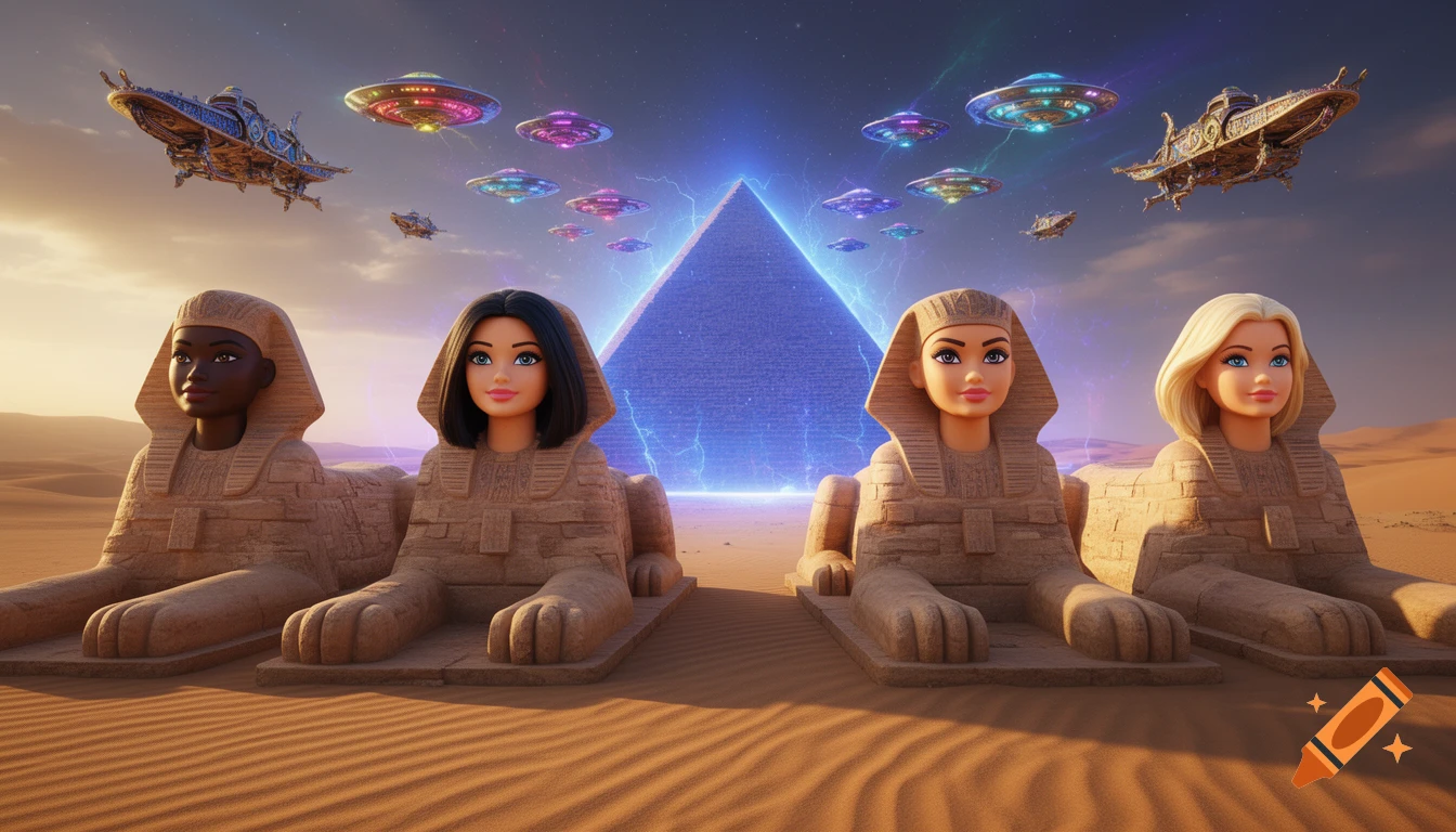Four Sphinx statues with diverse Barbie doll heads in a desert with a glowing pyramid, UFOs, and ancient ships overhead.