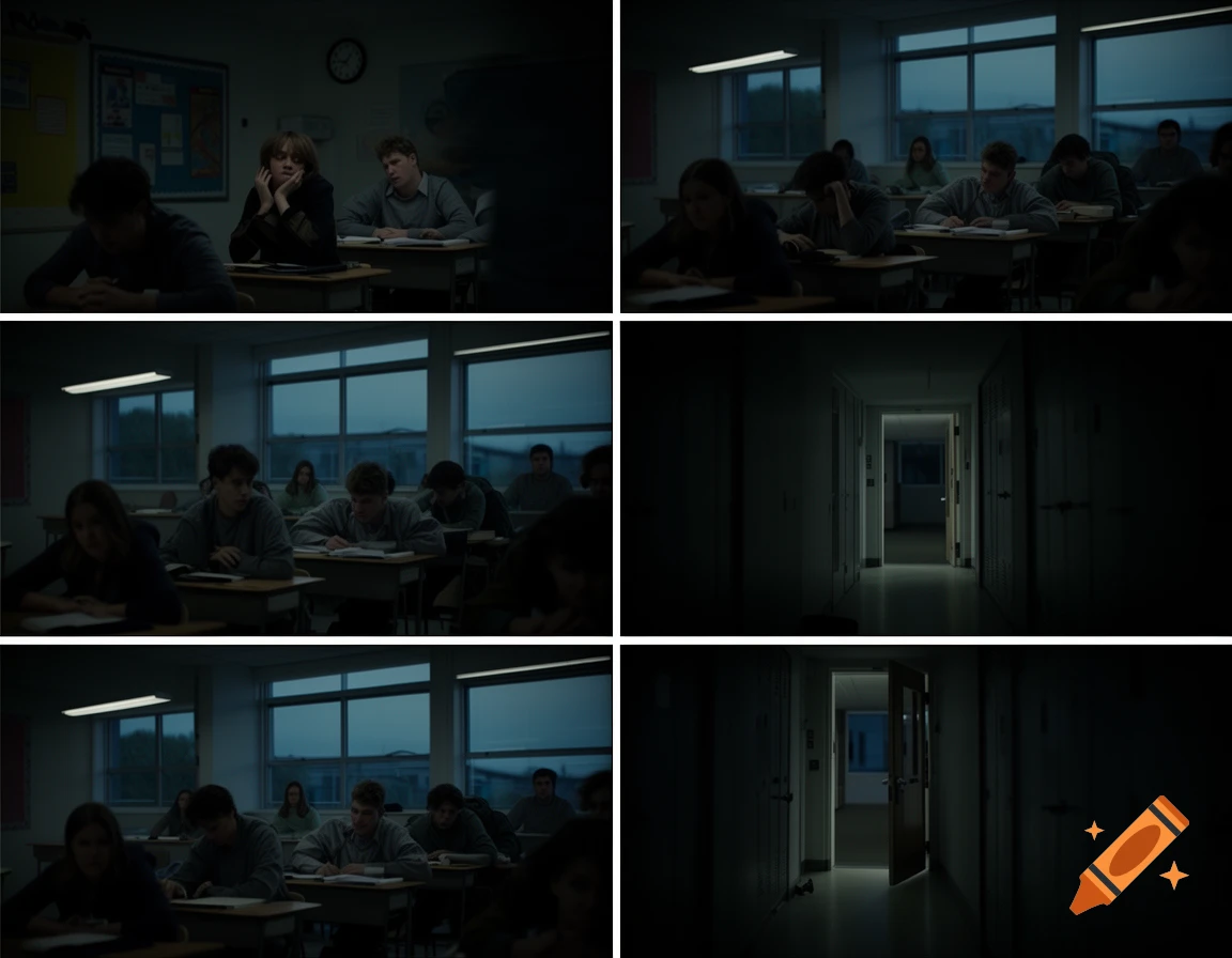 A dark, multi-panel image showing students in a dimly lit classroom and a shadowy school hallway with an open, glowing door, suggesting suspense.