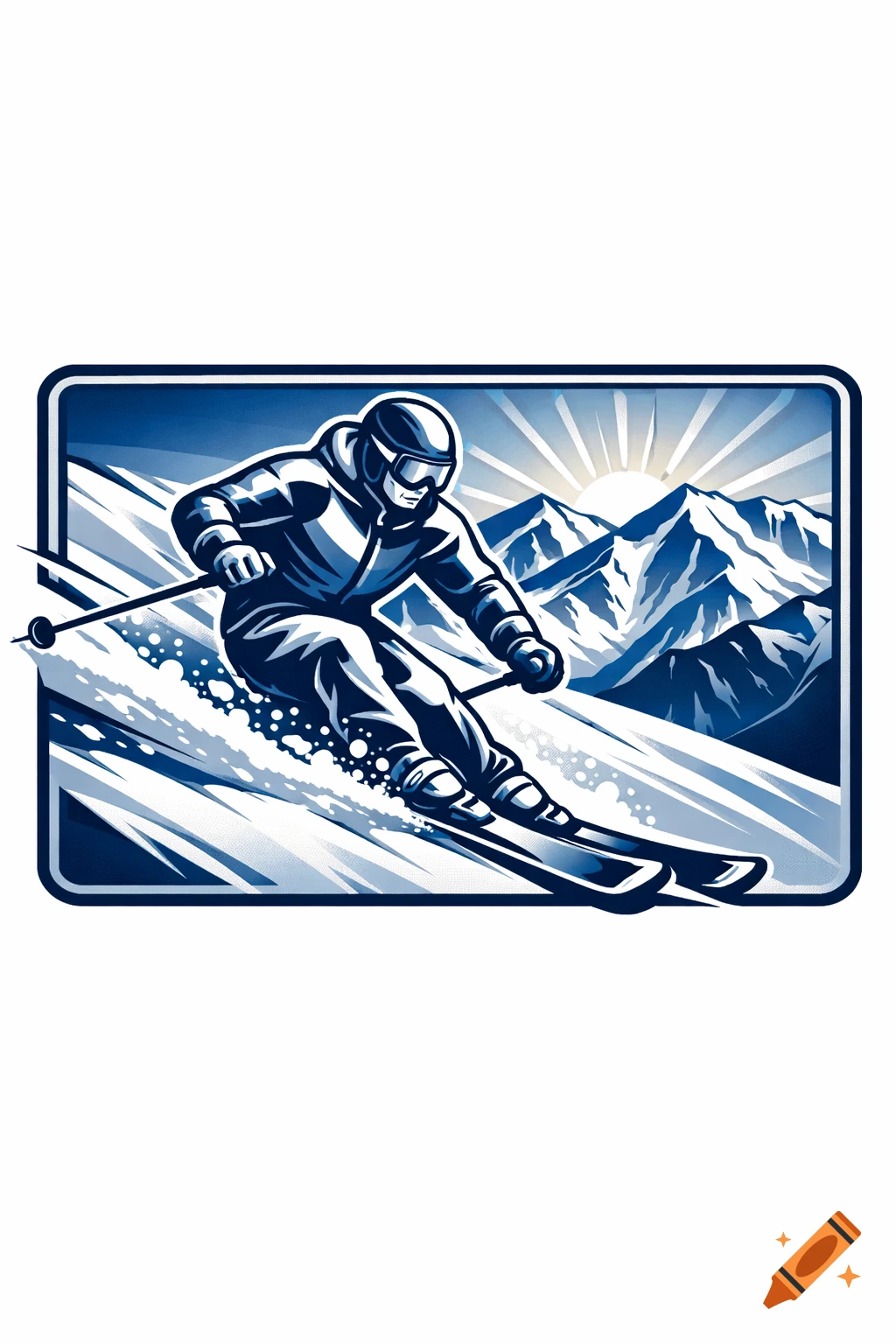 Stylized blue and white emblem illustration of a skier descending a snowy mountain with a rising sun.