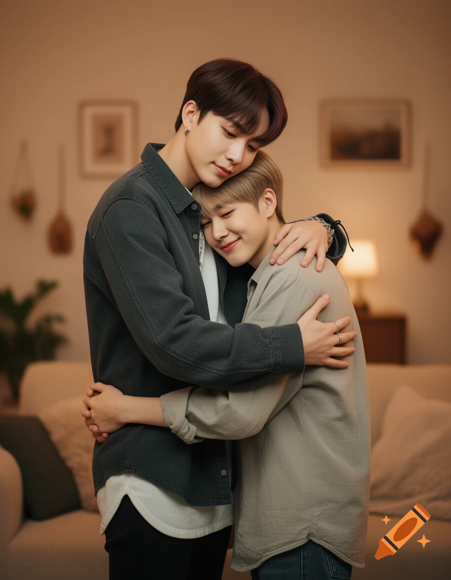 Two young men hugging affectionately, one resting his head on the other's shoulder, in a softly lit, cozy living room.
