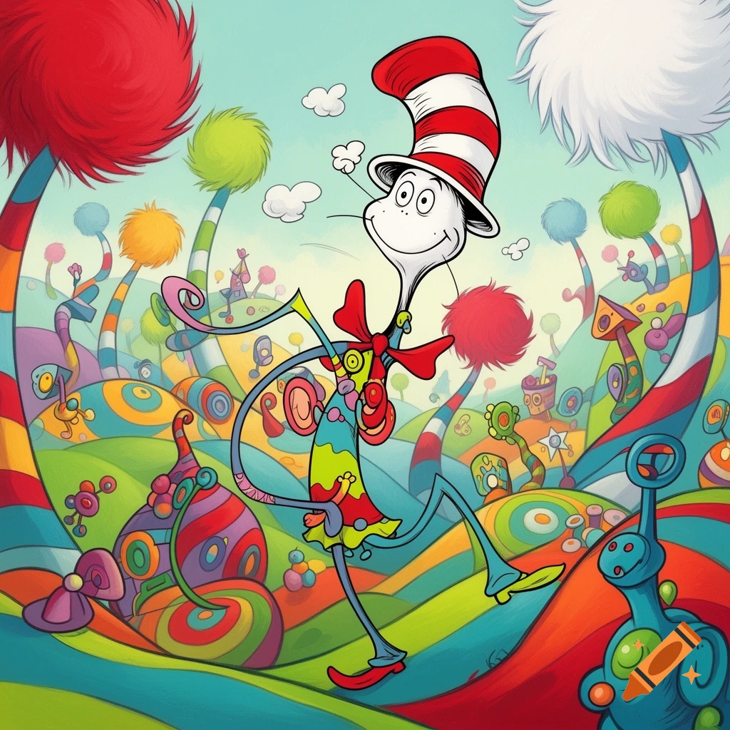 A tall, smiling Dr. Seuss-style character in a red and white striped hat strides through a whimsical, colorful landscape.