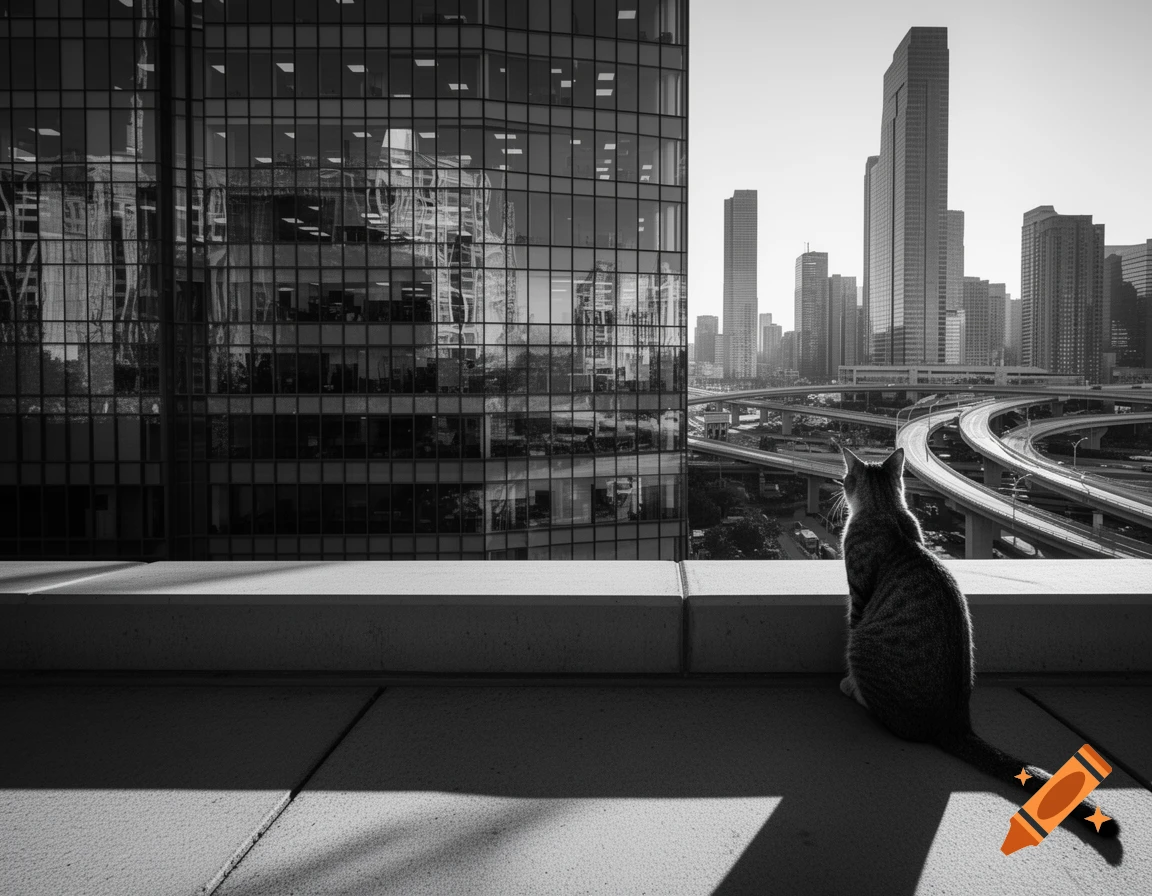 A cat sits on a ledge, looking out over a bustling black and white city with skyscrapers and a complex highway interchange.