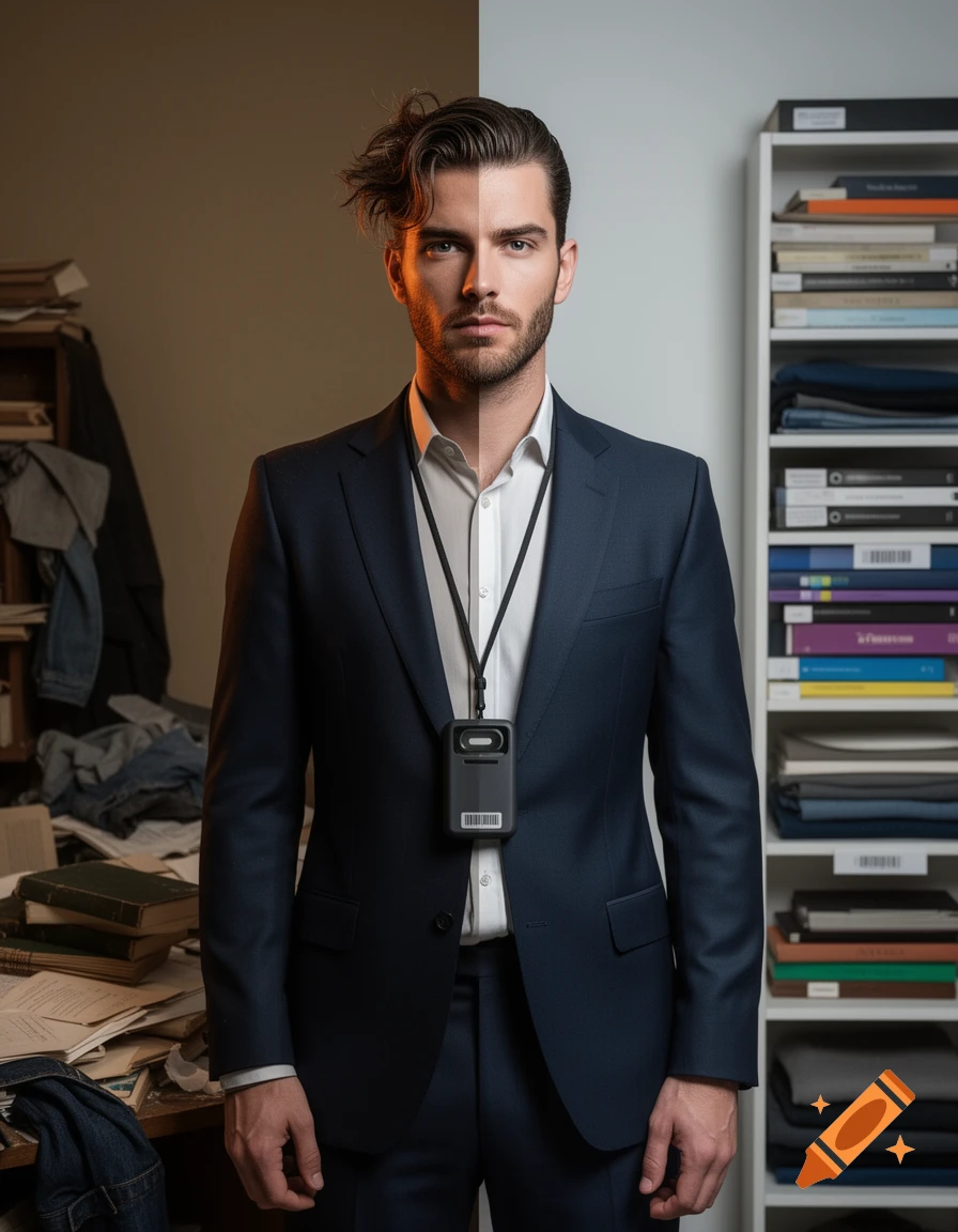 Photorealistic image of a man in a suit, split down the middle showing a messy vs. organized side. He wears a barcode scanner.
