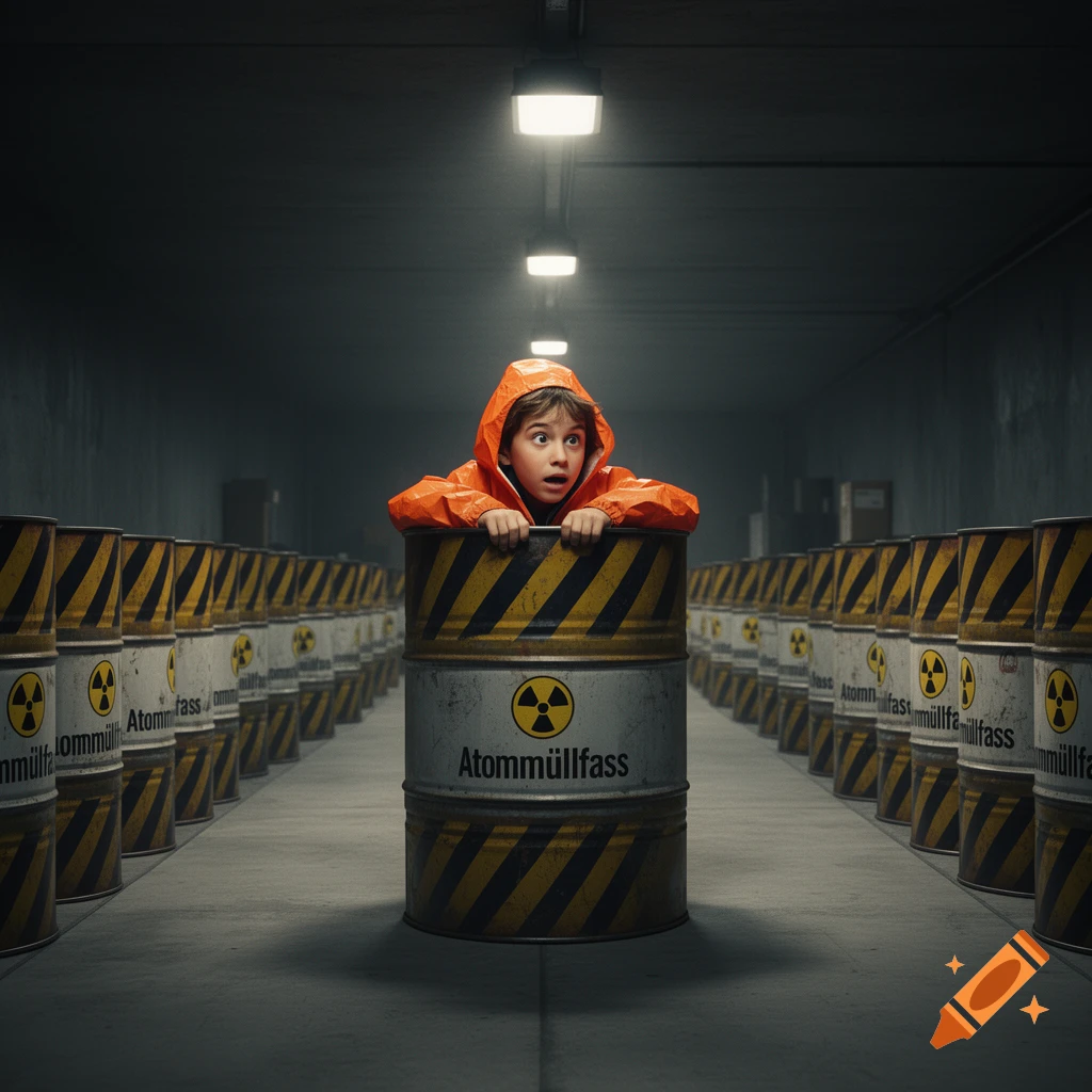 A child in an orange raincoat peeking out of a nuclear waste barrel in a dimly lit industrial facility.