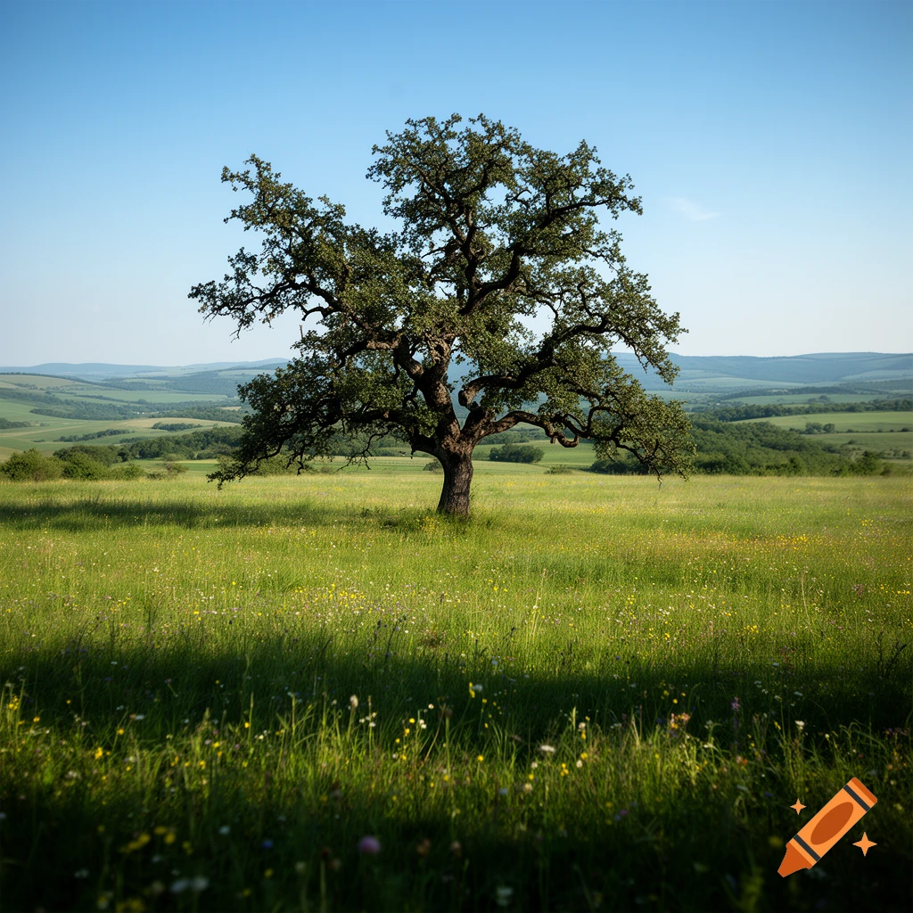 A large, gnarled tree stands prominently in a vibrant green meadow under a clear blue sky, with distant rolling hills.