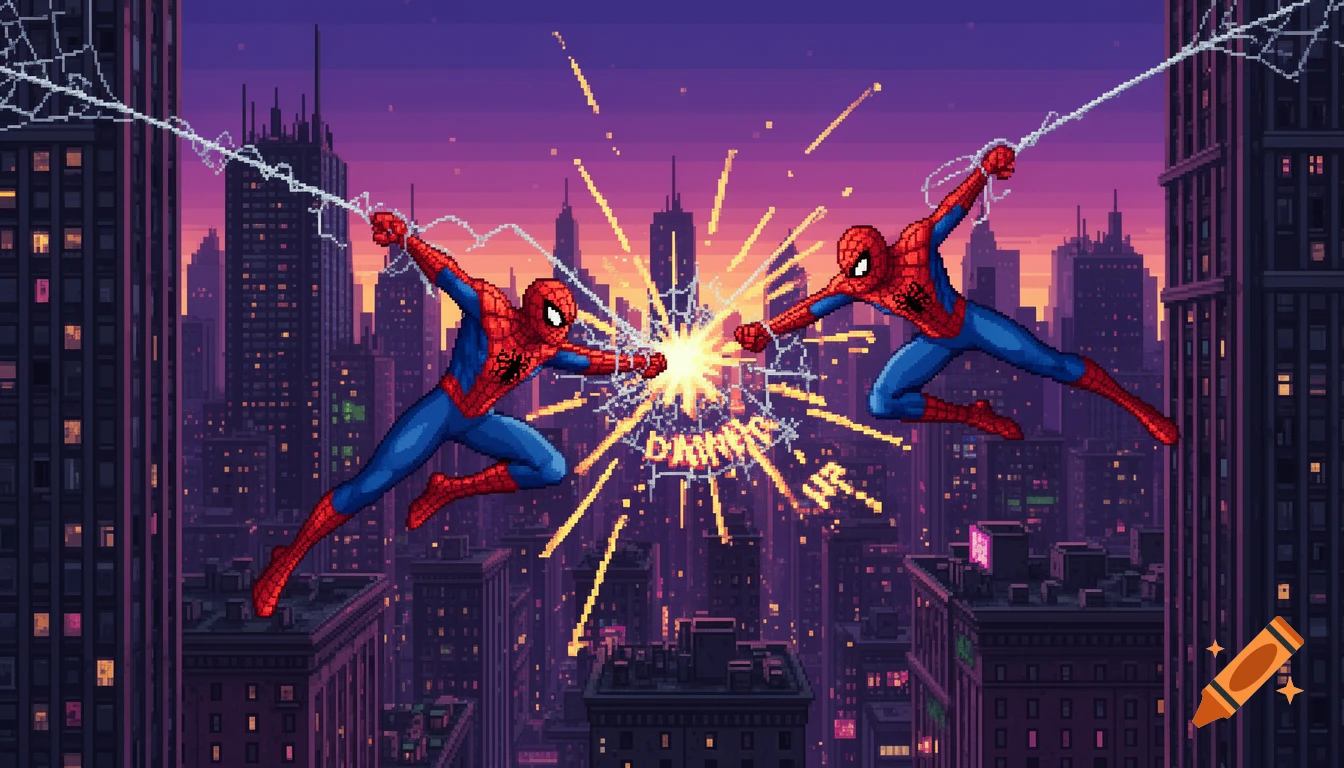 Pixel art of two Spider-Men fighting in a city at sunset, web-slinging and clashing fists, creating a bright explosion of energy.