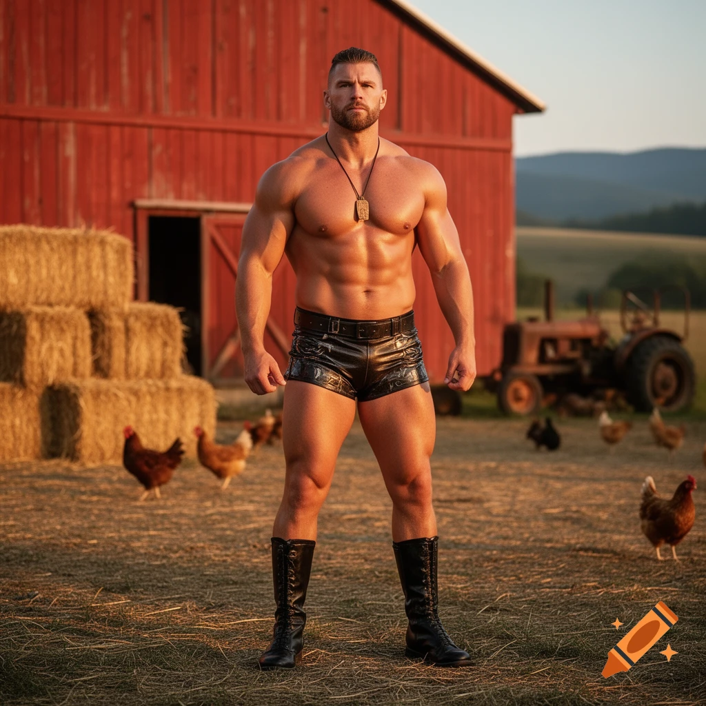 Muscular man, shirtless in tight black shorts and tall boots, stands in a sunny barnyard with a red barn, hay, chickens, and a tractor.