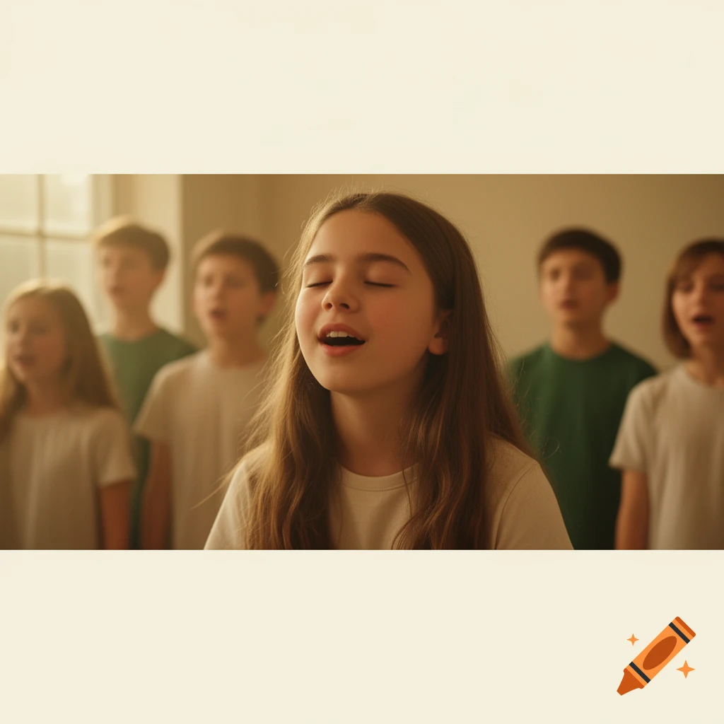 A young girl with closed eyes sings in a warm, naturally lit room, leading a blurred youth choir behind her.
