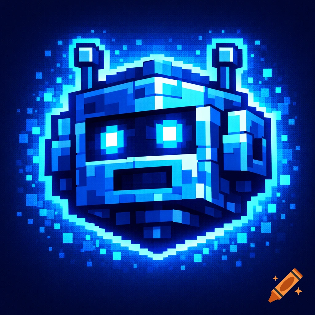 A pixel art robot head glowing neon blue against a dark background, in a geometric, blocky style.