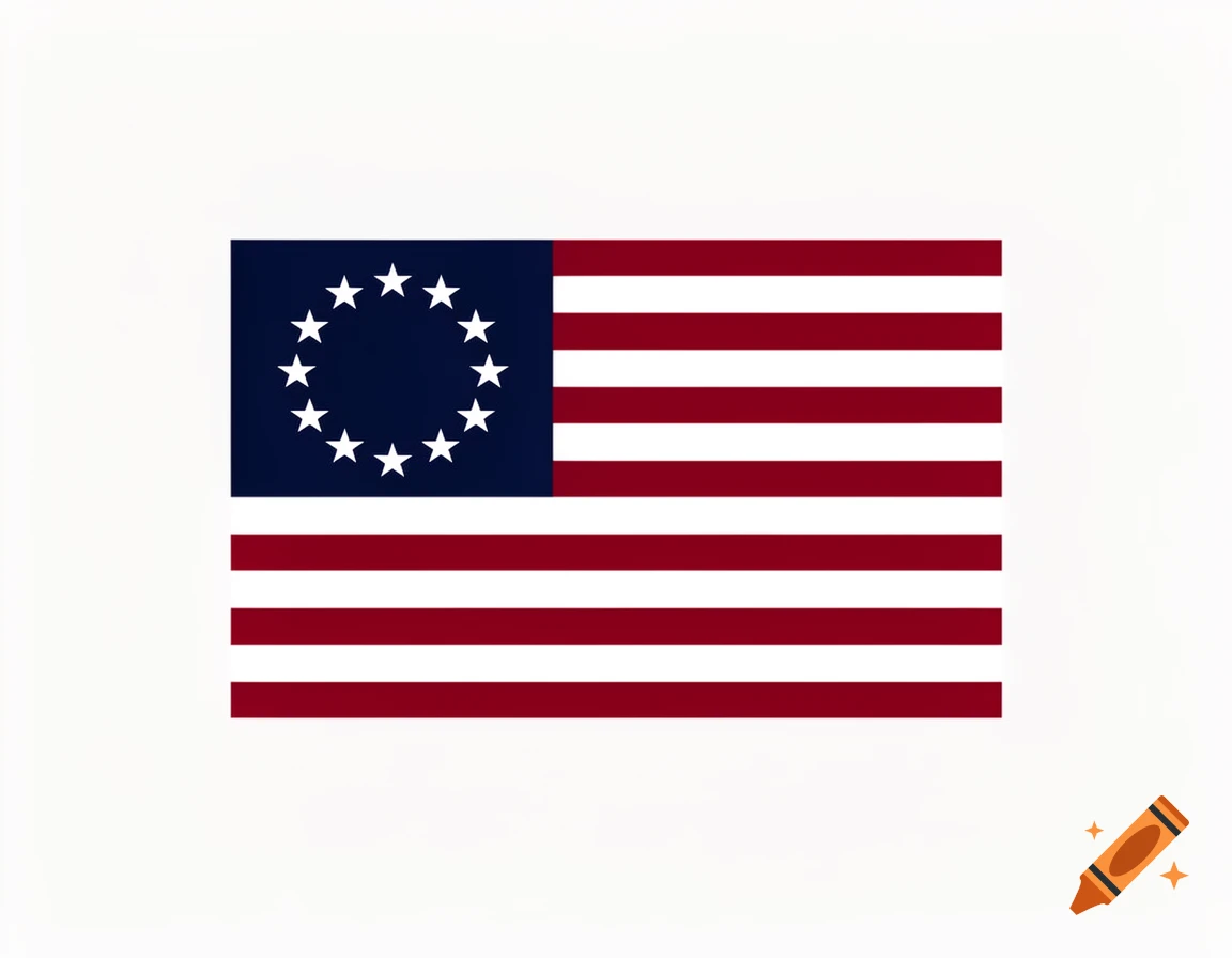The Betsy Ross flag, featuring thirteen white stars in a circle on a blue canton and thirteen red and white stripes.