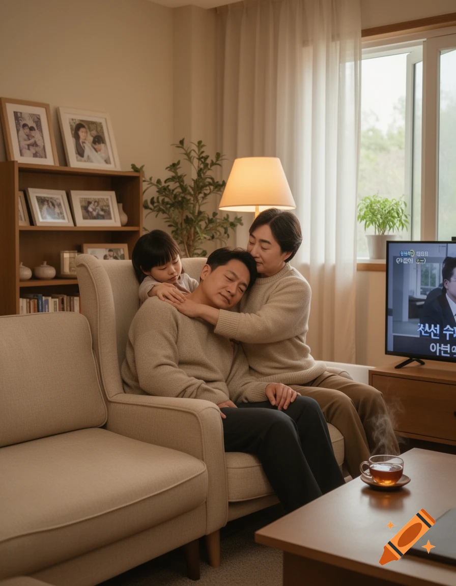 A warm, photorealistic scene of a family of three in a cozy living room, embracing on a sofa. A child and an adult hug another adult seated in a chair, with a steaming cup of tea nearby.