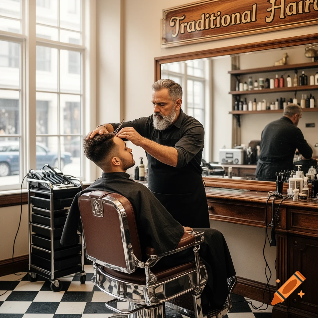 A male barber cuts a customer's hair in a classic barbershop, photorealistic.
