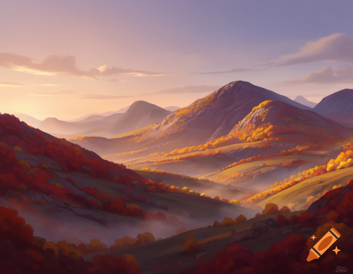 An artistic landscape painting of mountains and valleys covered in autumn colors at sunset, with mist settling in the valleys.