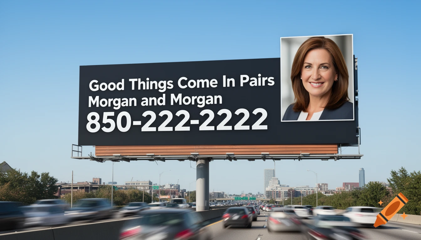 Photorealistic image of a billboard on a busy highway displaying text "Good Things Come In Pairs Morgan and Morgan 850-222-2222" and a smiling woman's portrait.
