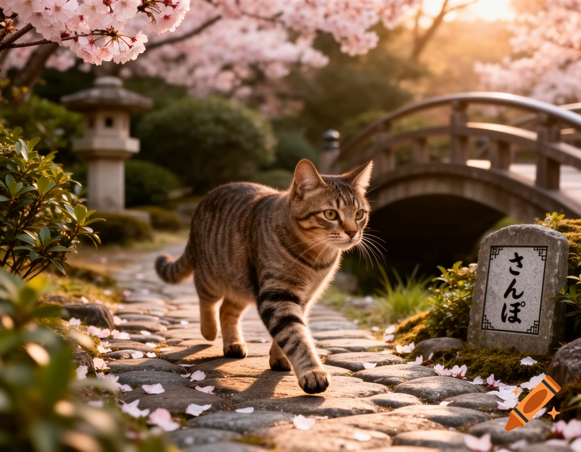 A tabby cat walks on a stone path through a cherry blossom Japanese garden at sunset, with a bridge and stone monument.