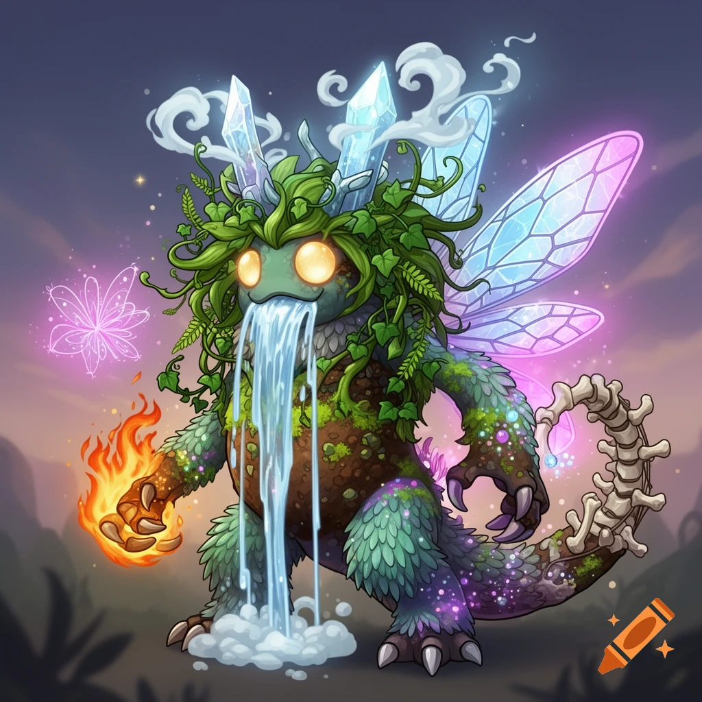 A whimsical plant-like monster with glowing eyes, fairy wings, crystals, a skeletal tail, breathing water, and holding fire.