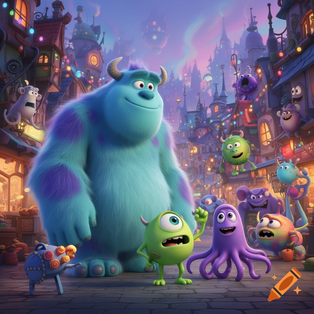 Sully and Mike Wazowski with other monsters in a vibrant, fantastical city at dusk, animated style.