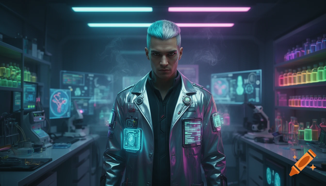 A cyberpunk male medic in a futuristic lab coat stands in a dimly lit laboratory filled with glowing equipment and neon lights.