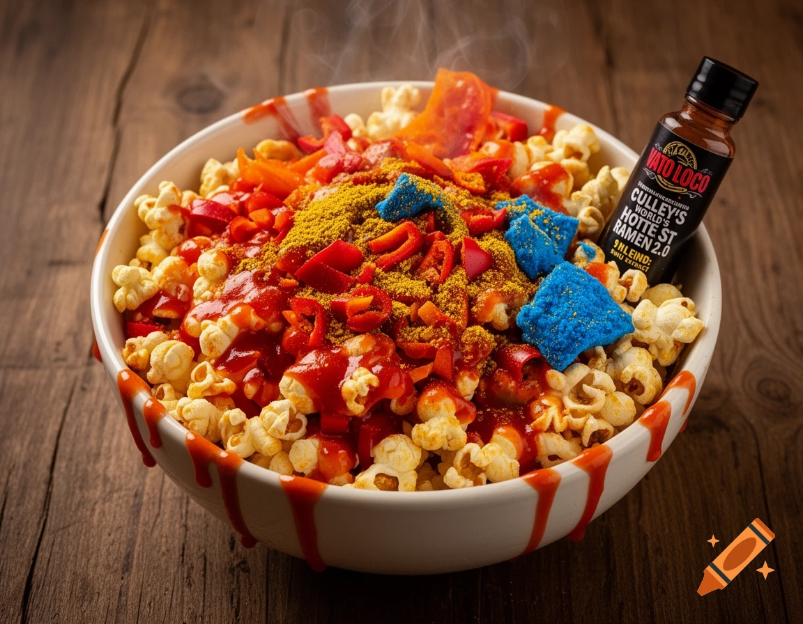 A white bowl filled with popcorn, red sauce, chopped red peppers, yellow seasoning, and bright blue snacks, with a bottle of "Vato Loco" hot sauce standing in it, all on a wooden surface.